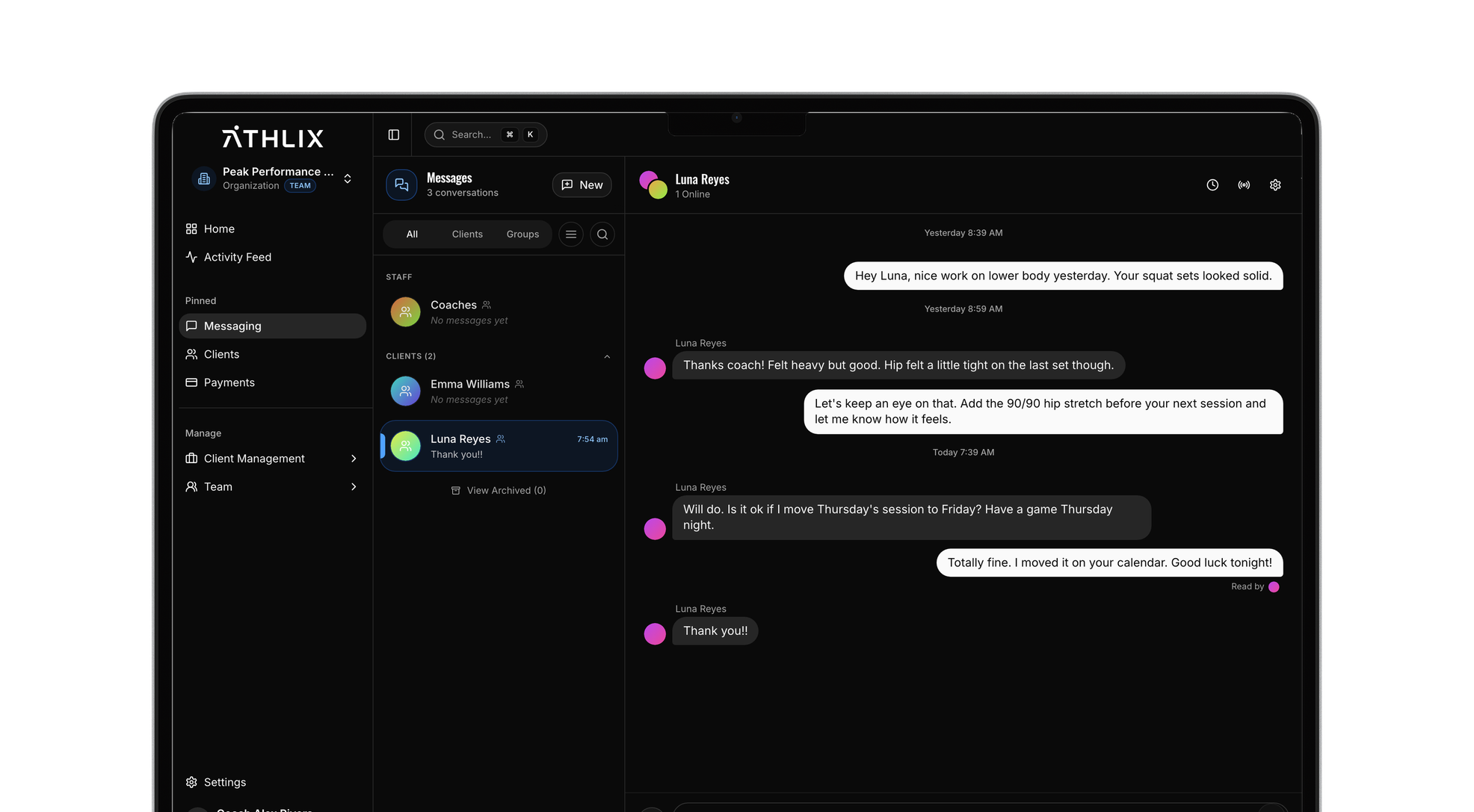 Athlix messaging screen